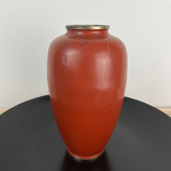 Vintage Asian Brass Red‎ Enamel Mother of Pearl Inlay Small Vase - Picture 5 of 8